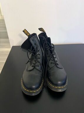 Dr. Martens Black Leather 8-Eye Lace-Up Boots with Yellow Stitching